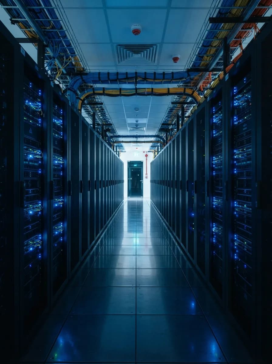 Allée déserte entre deux rangées de baies de serveurs dans un datacenter moderne, illustrant l'hébergement cloud souverain et la haute disponibilité.