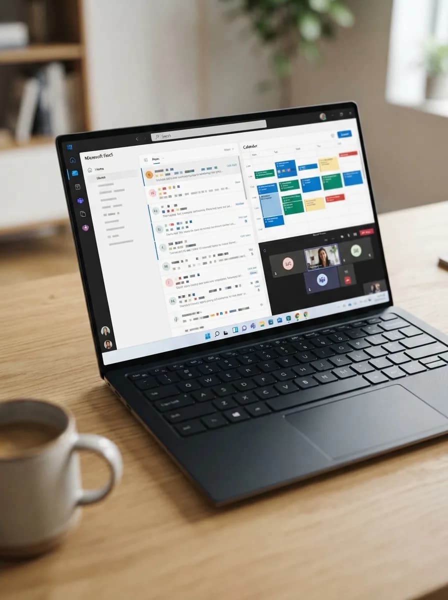 Ordinateur portable affichant la messagerie, l'agenda et une visioconférence de la suite Microsoft 365.