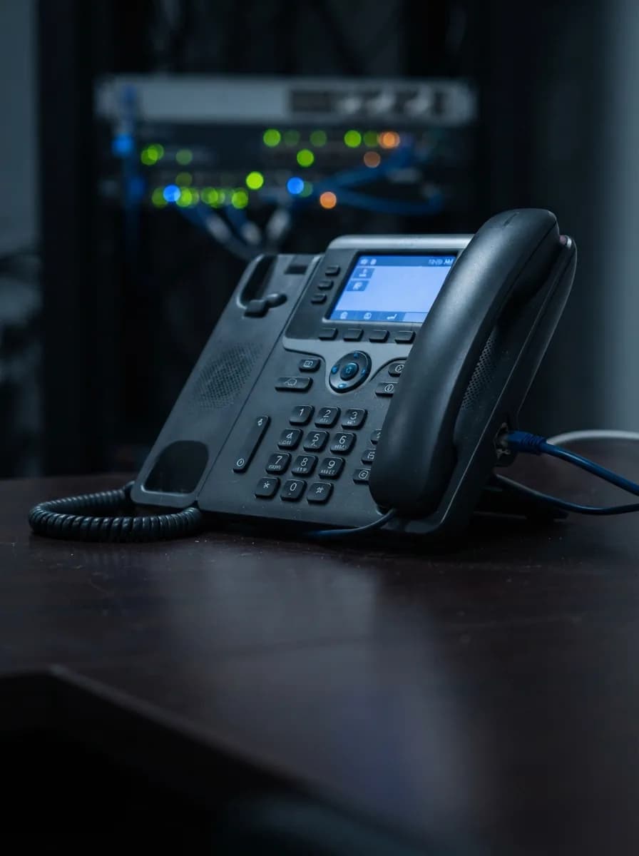 Téléphone IP professionnel raccordé à un switch réseau, illustrant la téléphonie VoIP et les réseaux multisites.